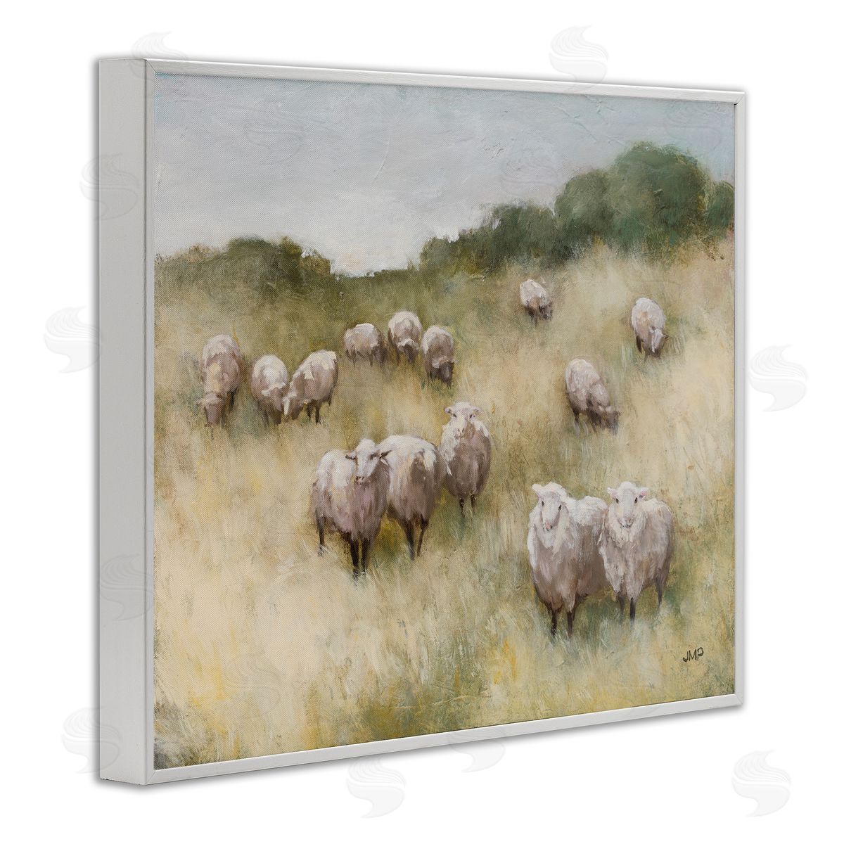 Sheep Herd in Rural Grassland White Frame Print Wall Art, Home Decor by Julia Purinton