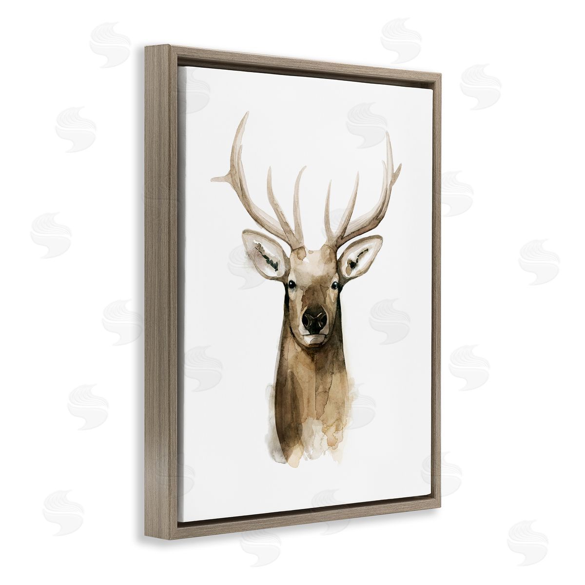 Deer Portrait Watercolor Brown Floating Frame Canvas Wall Art, Home Decor by Grace Popp