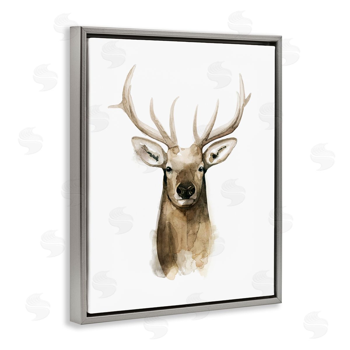 Deer Portrait Watercolor Grey Floating Frame Canvas Wall Art, Home Decor by Grace Popp
