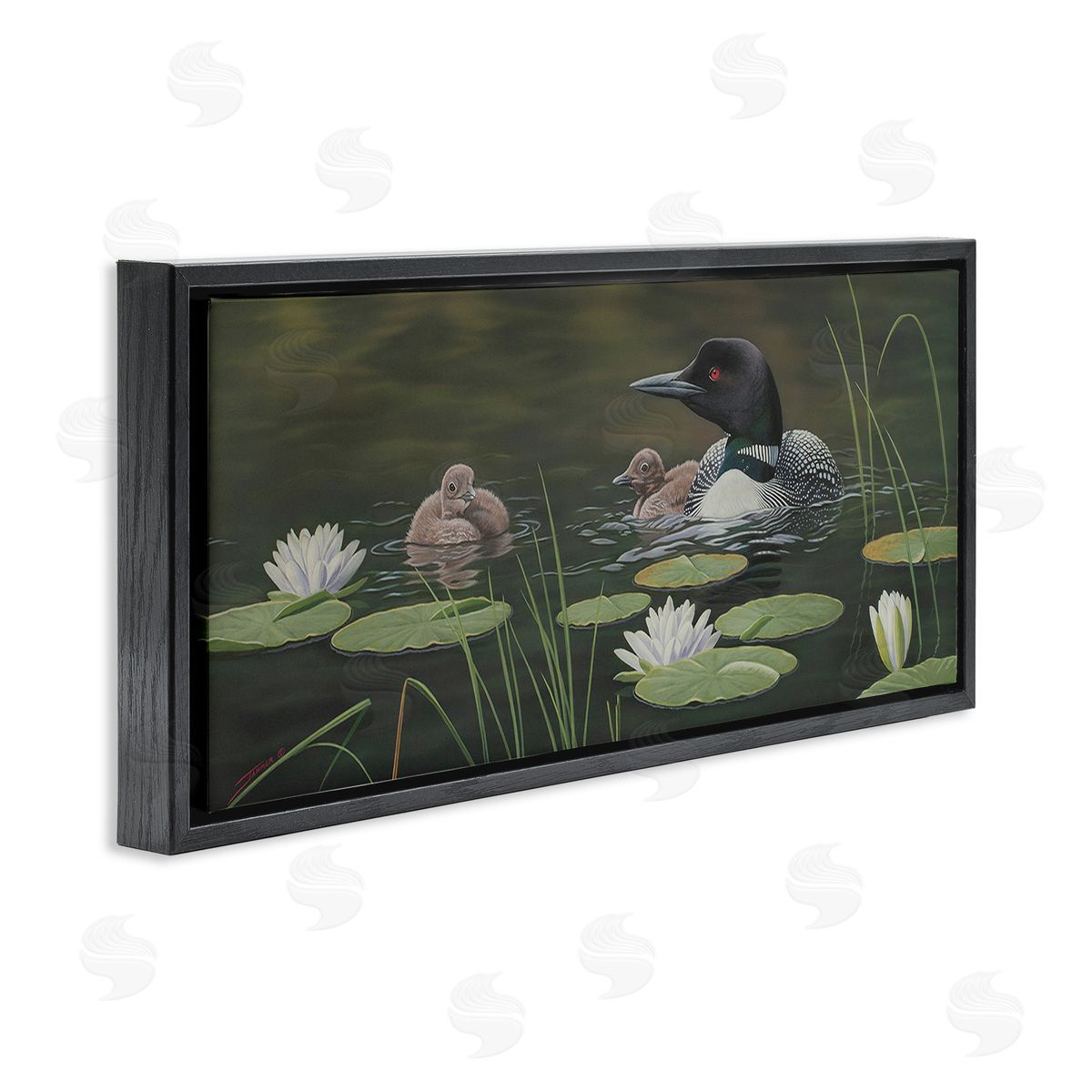 Clinton Jammer Duck Family in Pond Black Floating Frame Canvas Wall Art Print
