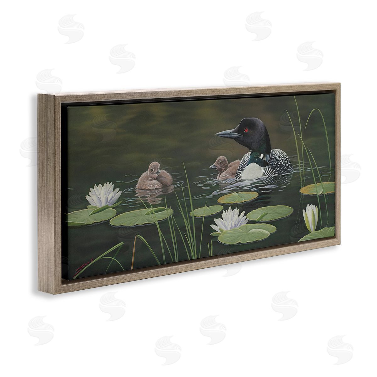 Clinton Jammer Duck Family in Pond Brown Floating Frame Canvas Wall Art Print