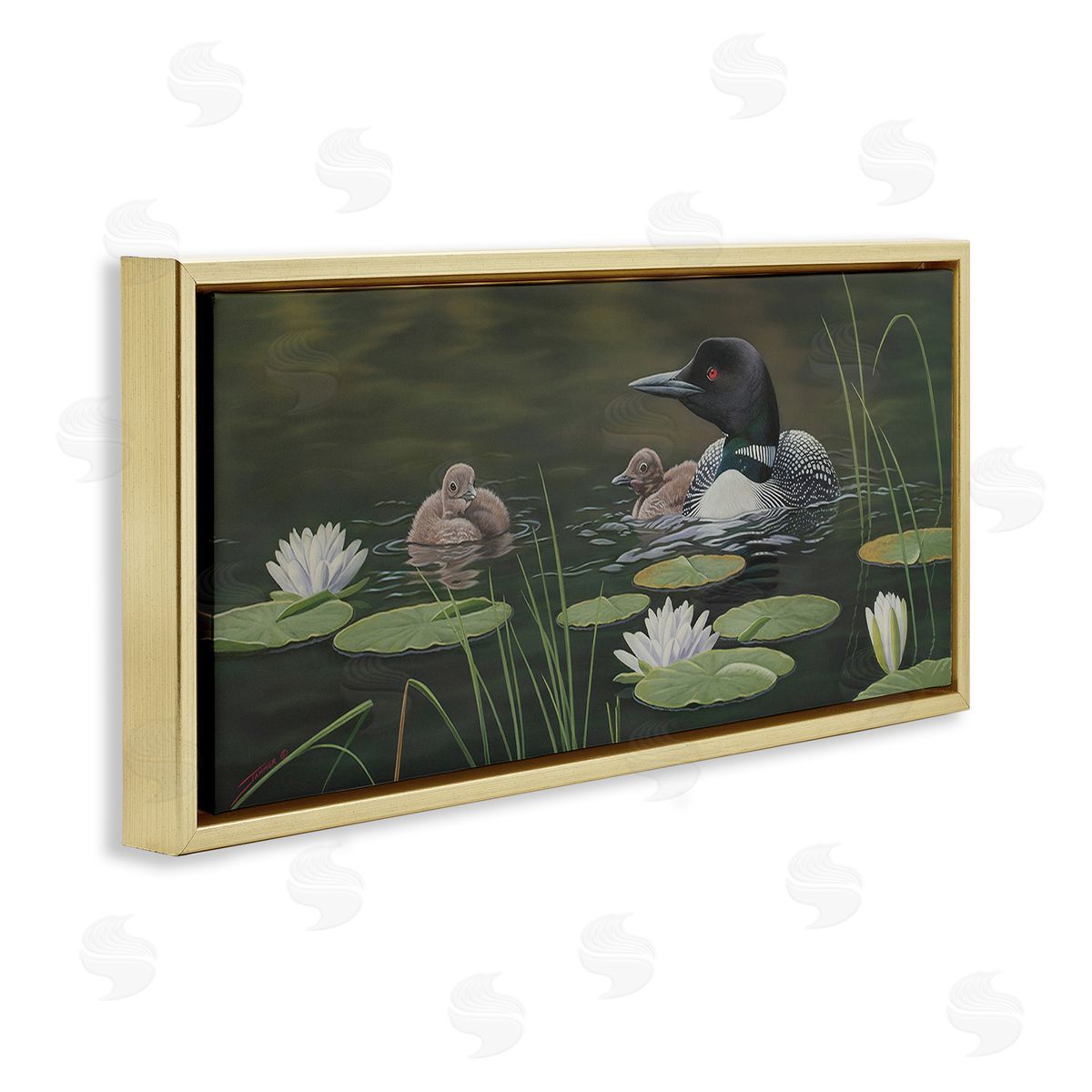 Clinton Jammer Duck Family in Pond Gold Floating Frame Canvas Wall Art Print