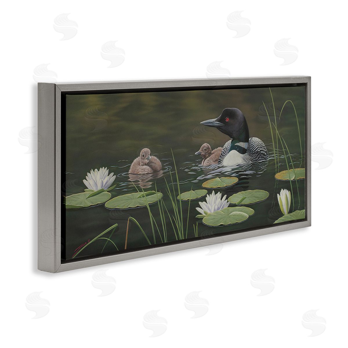 Clinton Jammer Duck Family in Pond Gray Floating Frame Canvas Wall Art Print