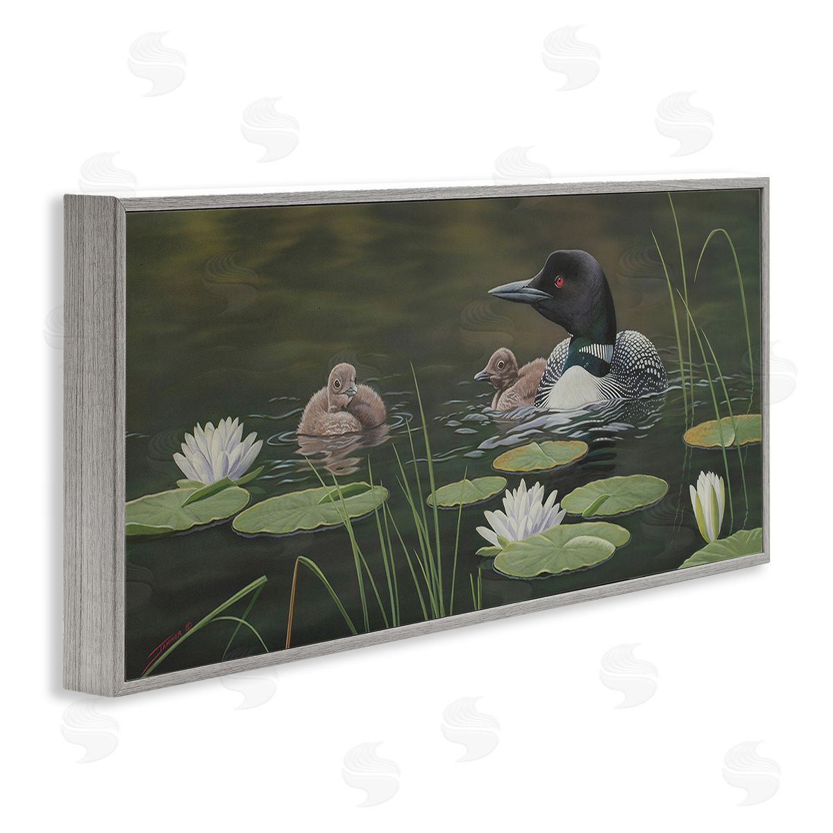 Clinton Jammer Duck Family in Pond Gray Framed Glicee Wall Art Print