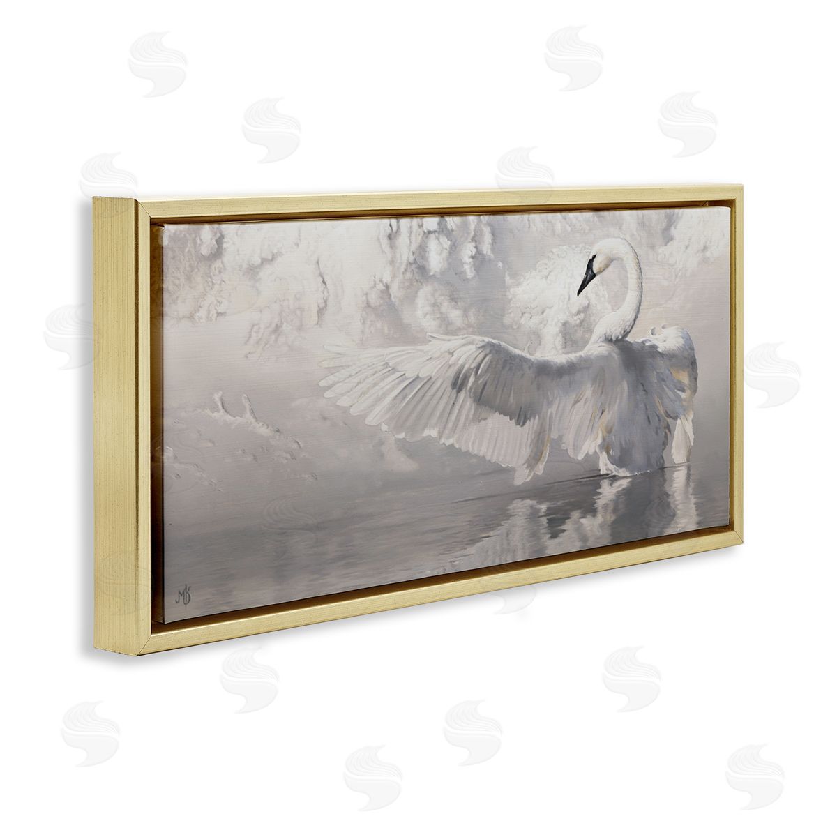 Mark Kelso Swan Wingspan on Pond Gold Floating Frame Canvas Wall Art Print
