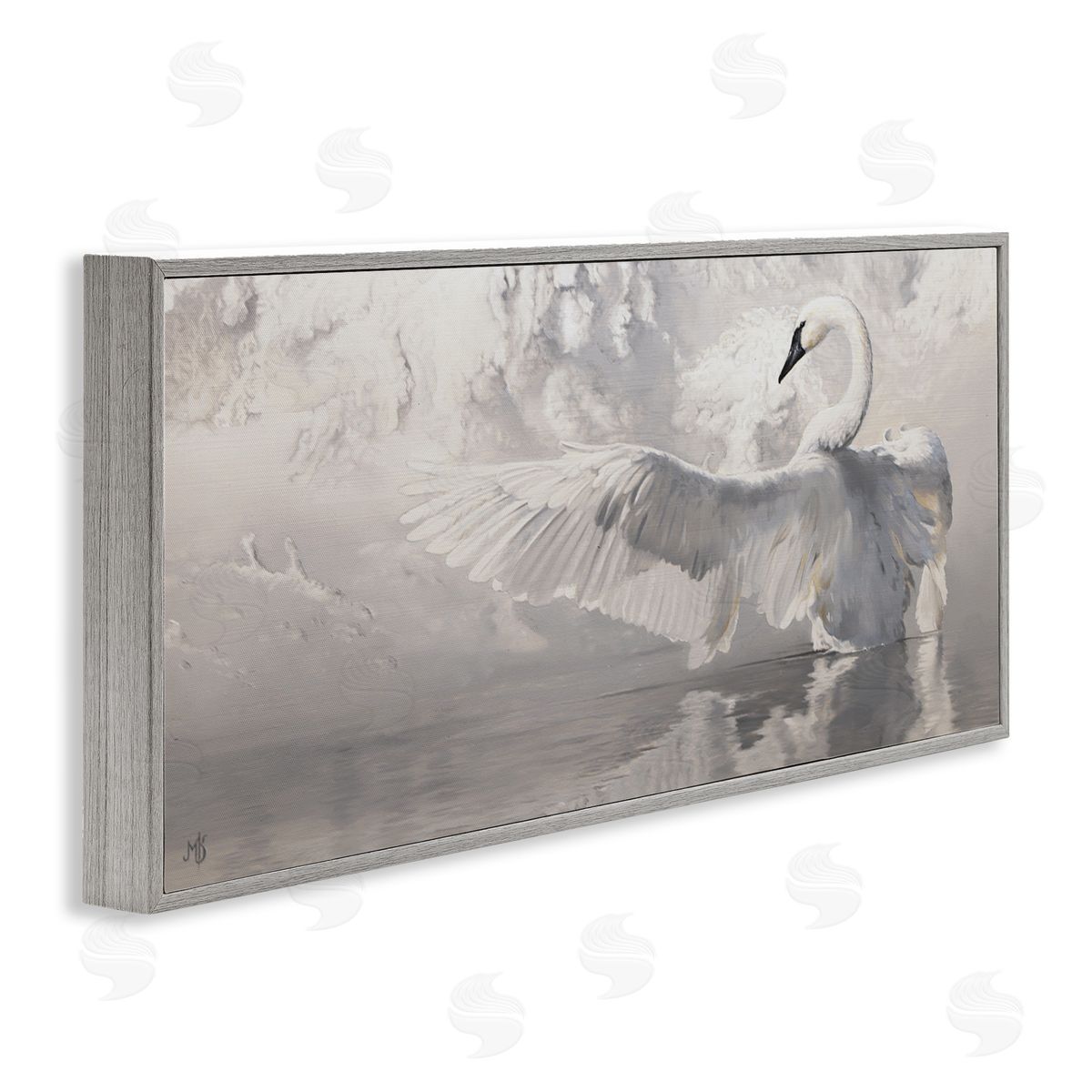 Mark Kelso Swan Wingspan on Pond Gray Framed Glicee Wall Art Print
