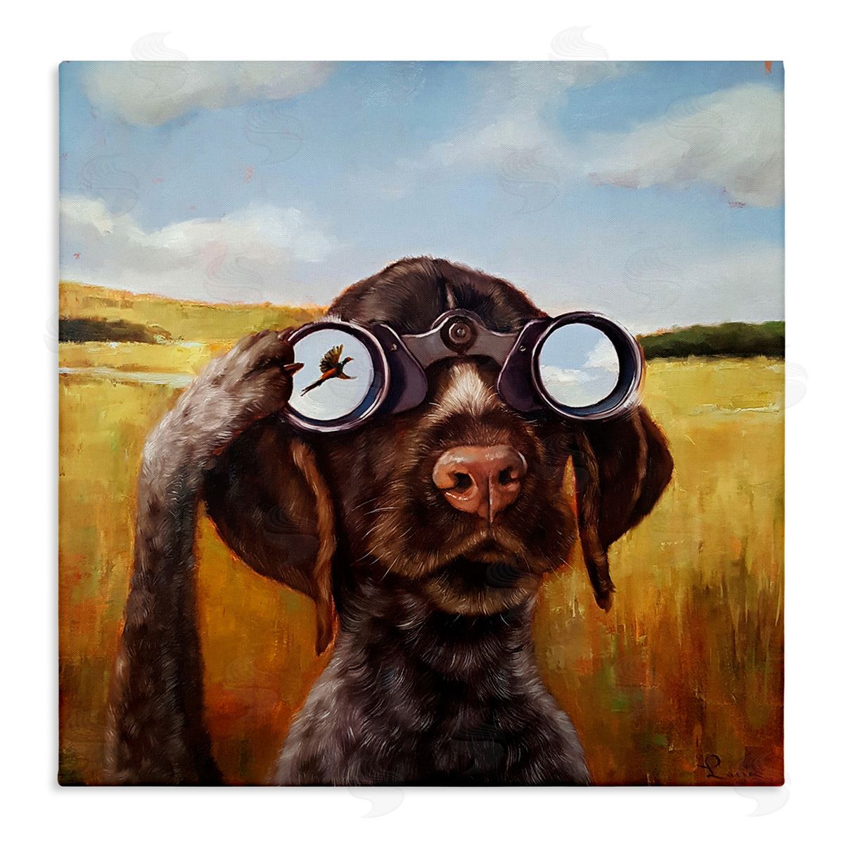 Lucia Heffernan Dog Watching Bird Binoculars Stretched Canvas Wall Art Print