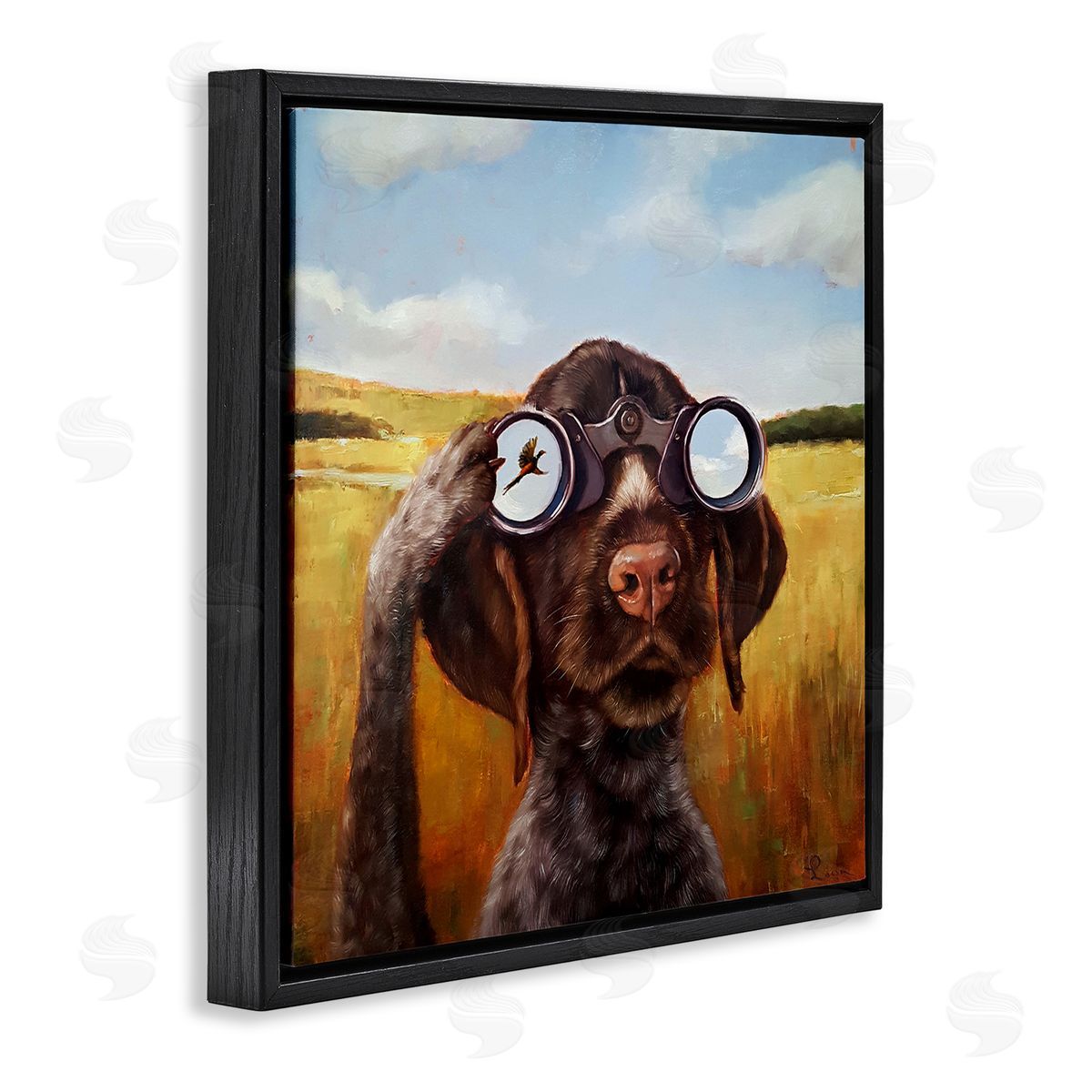 Lucia Heffernan Dog Watching Bird Binoculars Black Floating Frame Canvas Wall Art Print