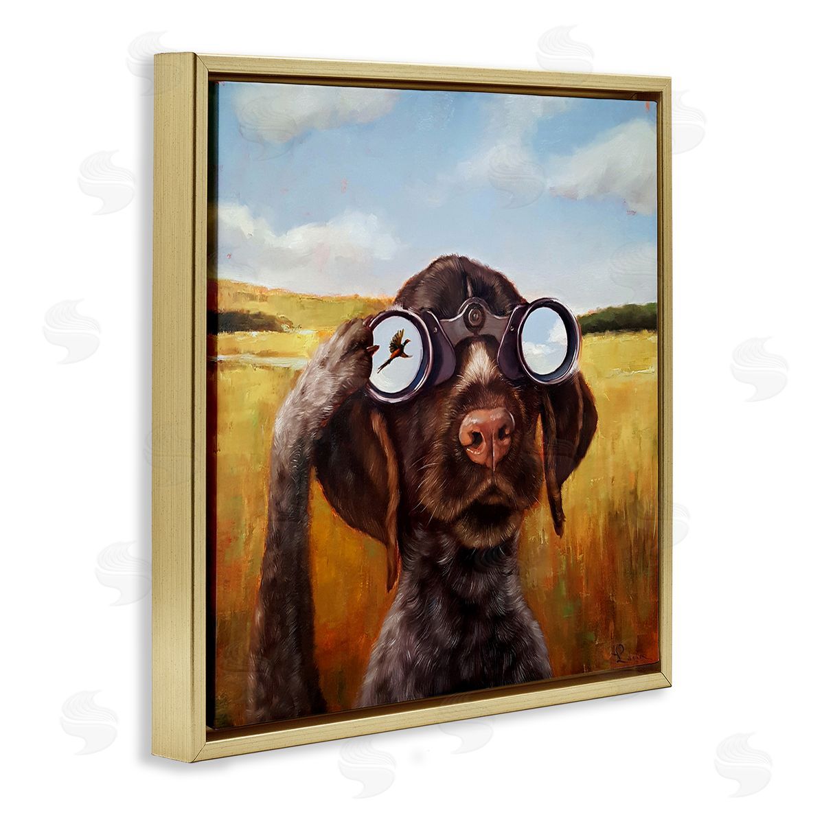 Lucia Heffernan Dog Watching Bird Binoculars Gold Floating Frame Canvas Wall Art Print