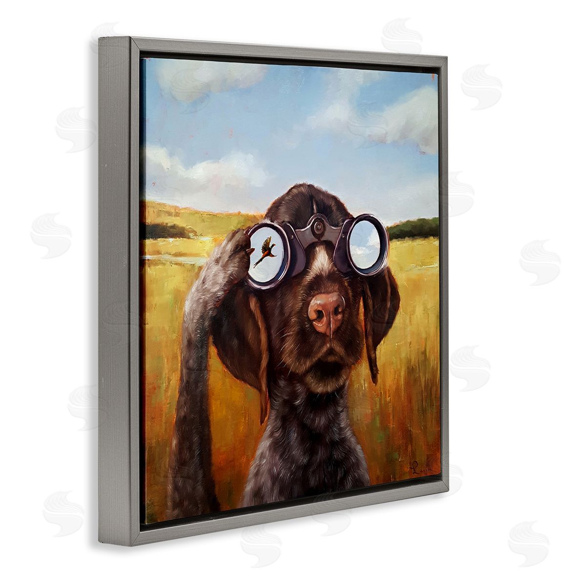 Lucia Heffernan Dog Watching Bird Binoculars Gray Floating Frame Canvas Wall Art Print