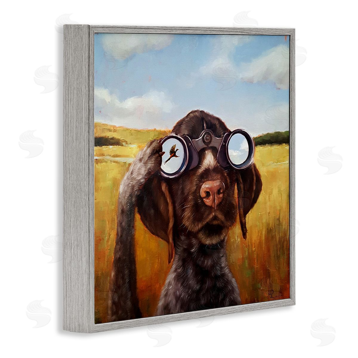 Lucia Heffernan Dog Watching Bird Binoculars Gray Framed Glicee Wall Art Print