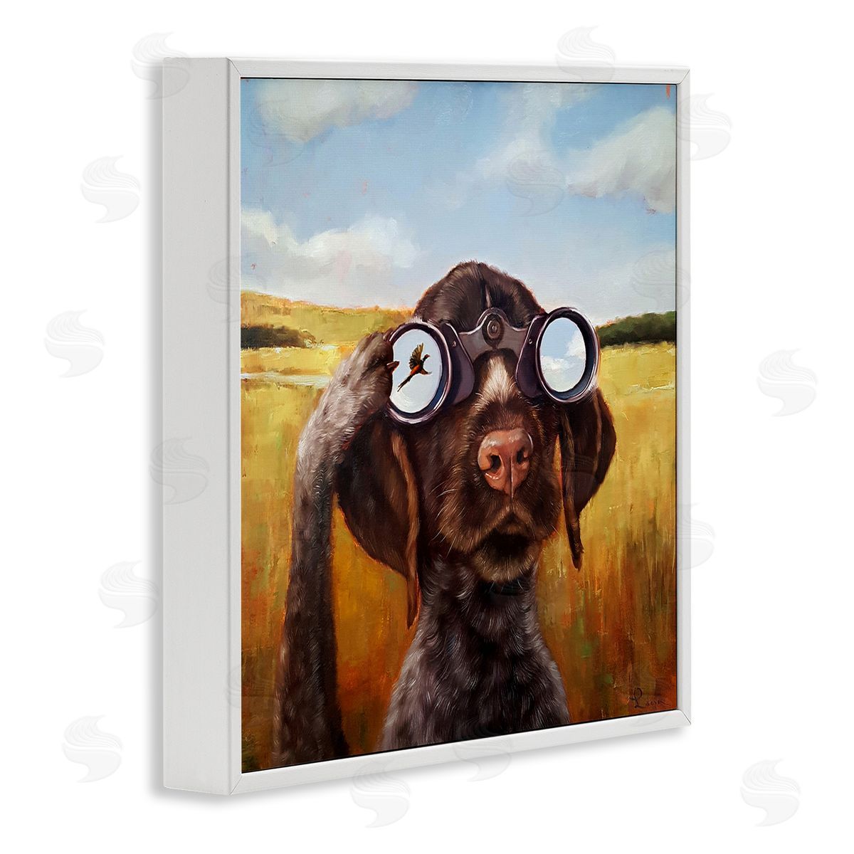 Lucia Heffernan Dog Watching Bird Binoculars White Framed Glicee Wall Art Print