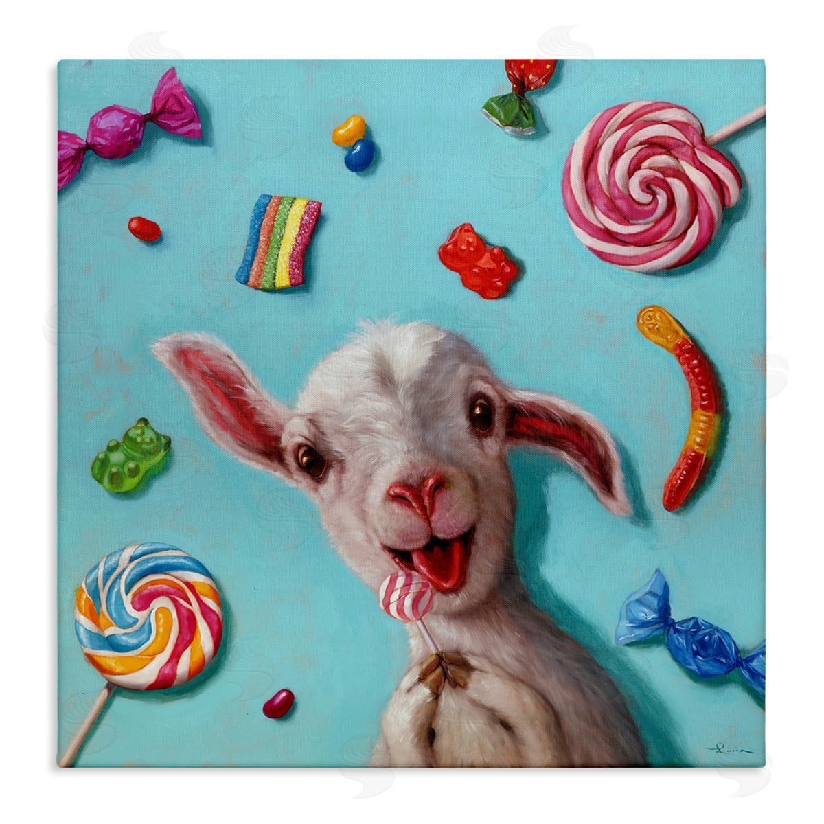 Lucia Heffernan Happy Sheep with Candy Stretched Canvas Wall Art Print