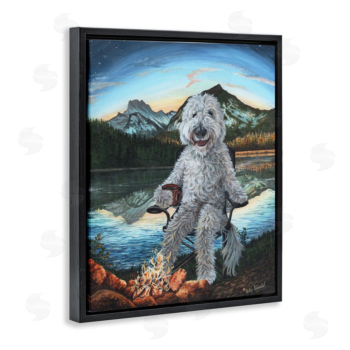 Dog by Campfire Landscape Black Floating Frame Canvas Wall Art, Home Decor by Holly Simental