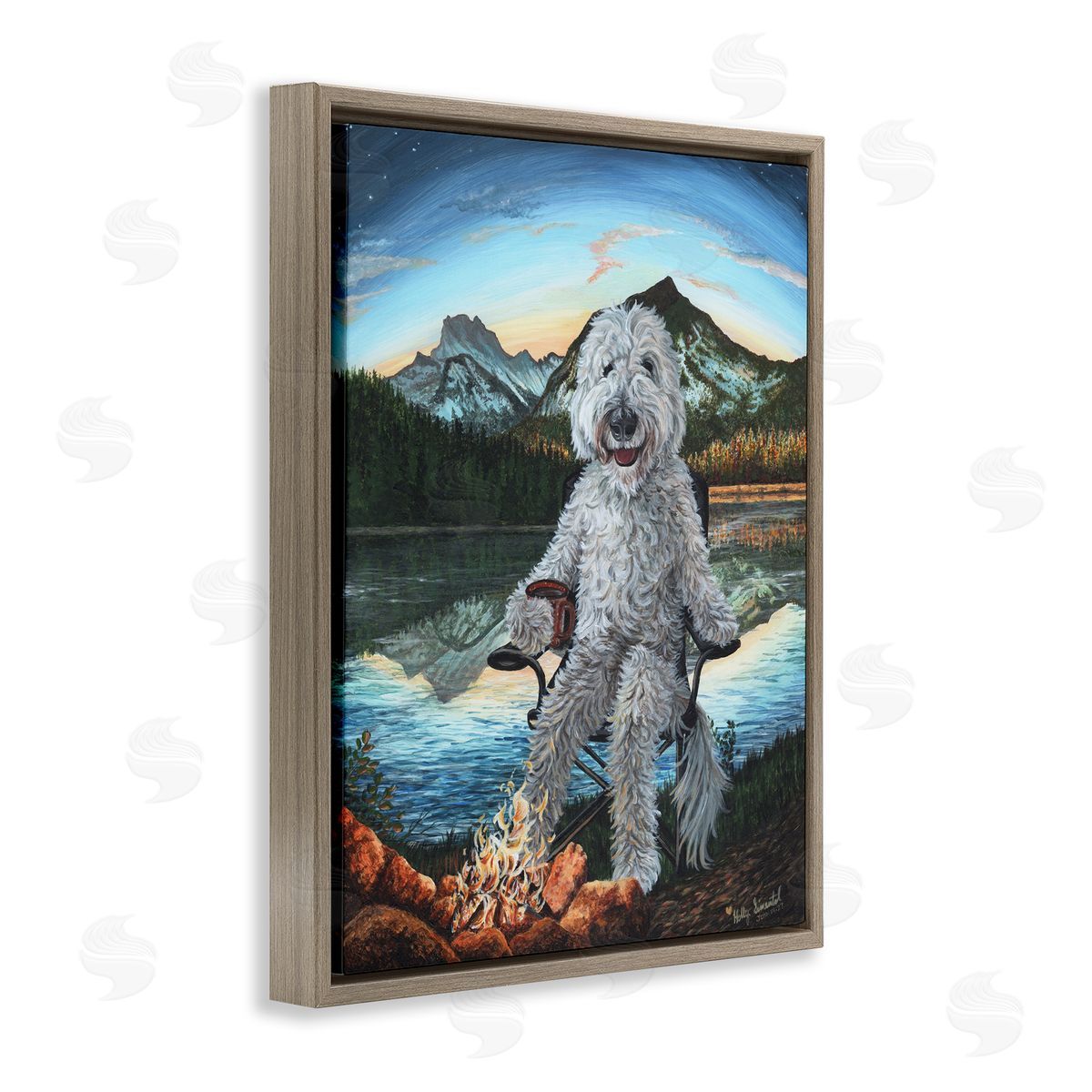 Dog by Campfire Landscape Brown Floating Frame Canvas Wall Art, Home Decor by Holly Simental