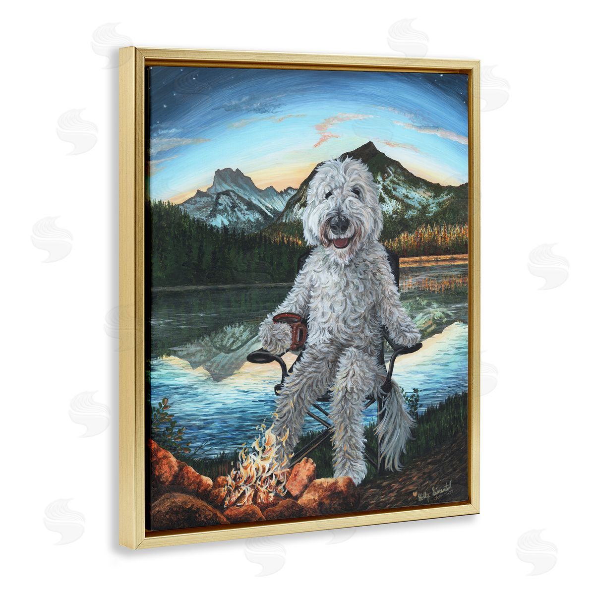 Dog by Campfire Landscape Gold Floating Frame Canvas Wall Art, Home Decor by Holly Simental
