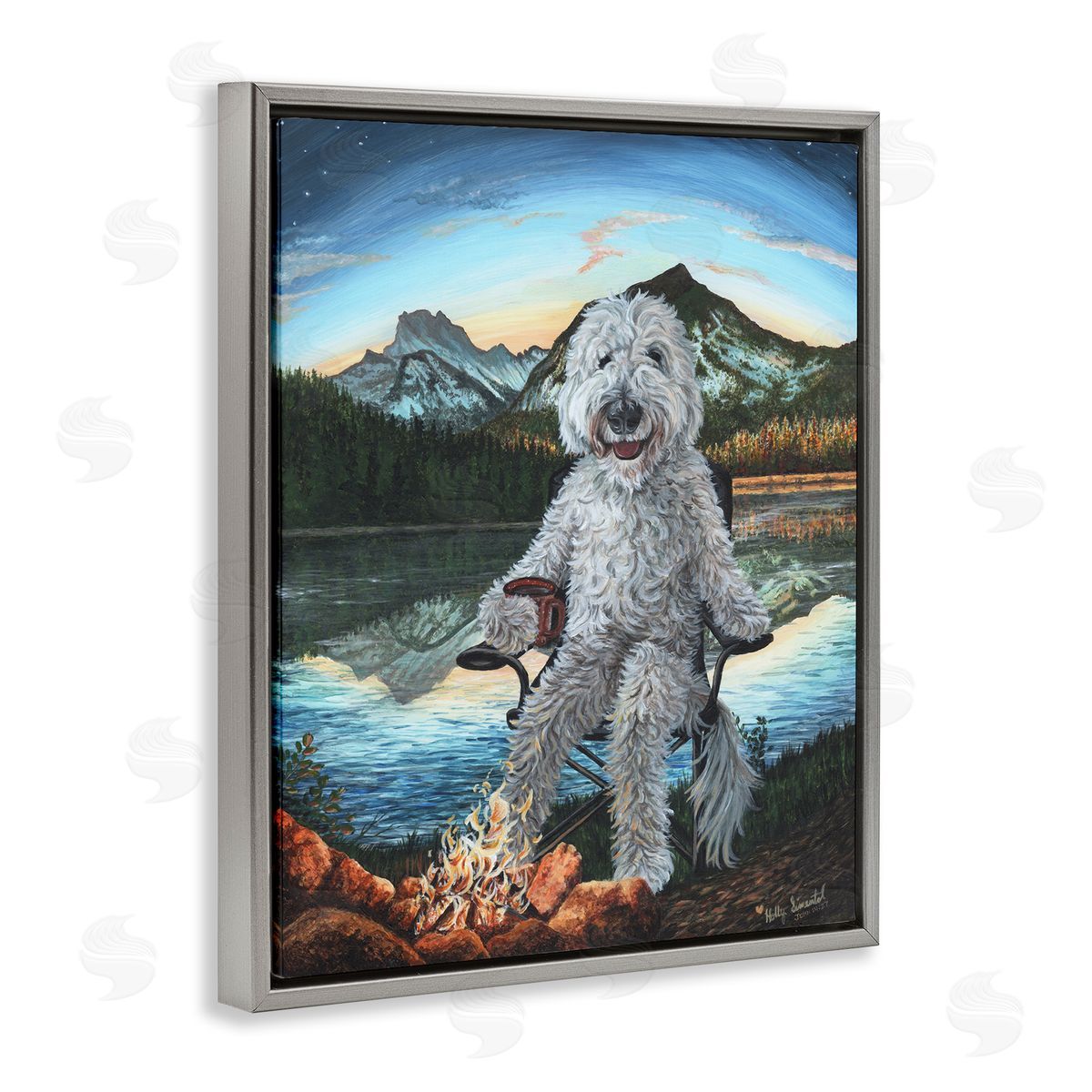 Dog by Campfire Landscape Grey Floating Frame Canvas Wall Art, Home Decor by Holly Simental