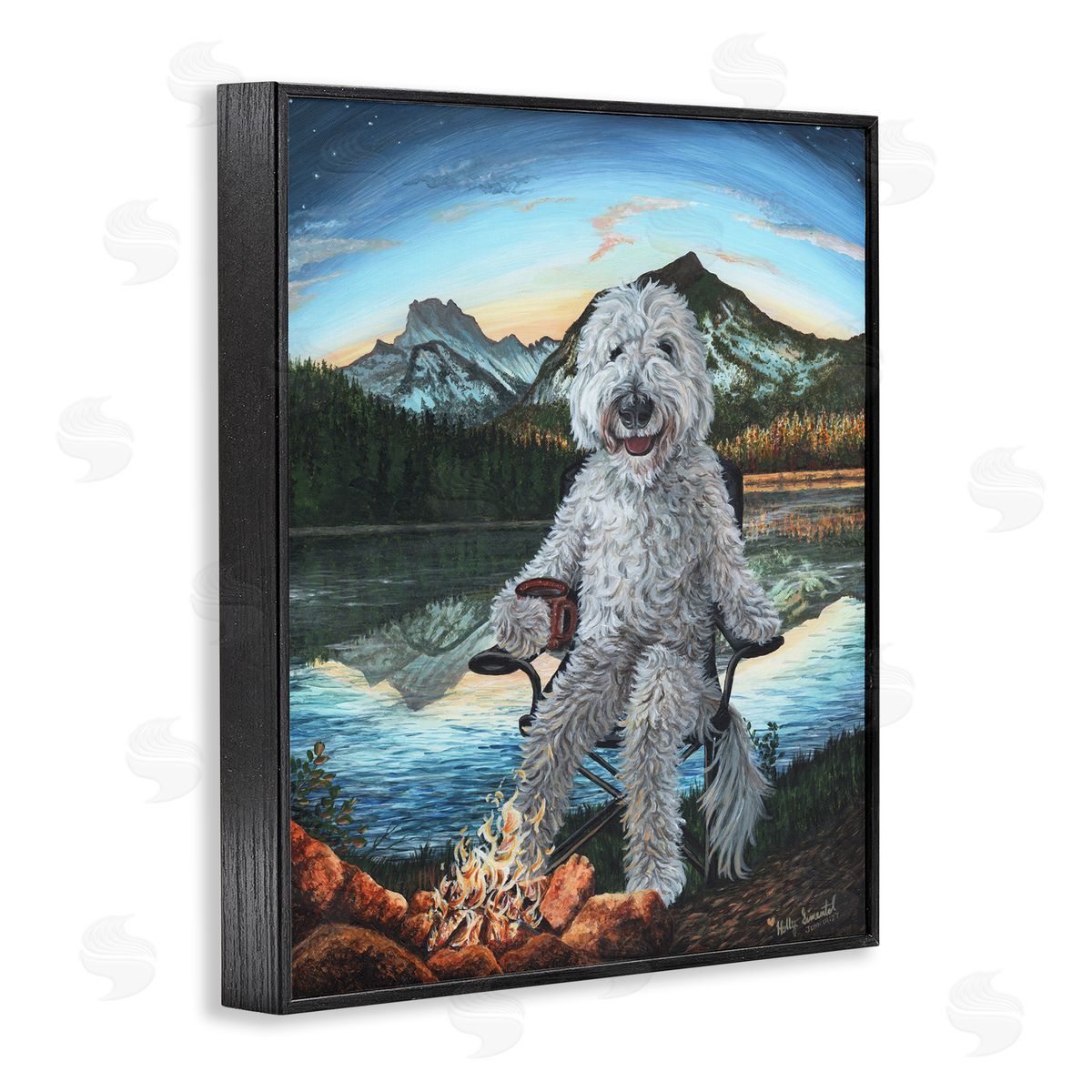 Dog by Campfire Landscape Black Frame Print Wall Art, Home Decor by Holly Simental
