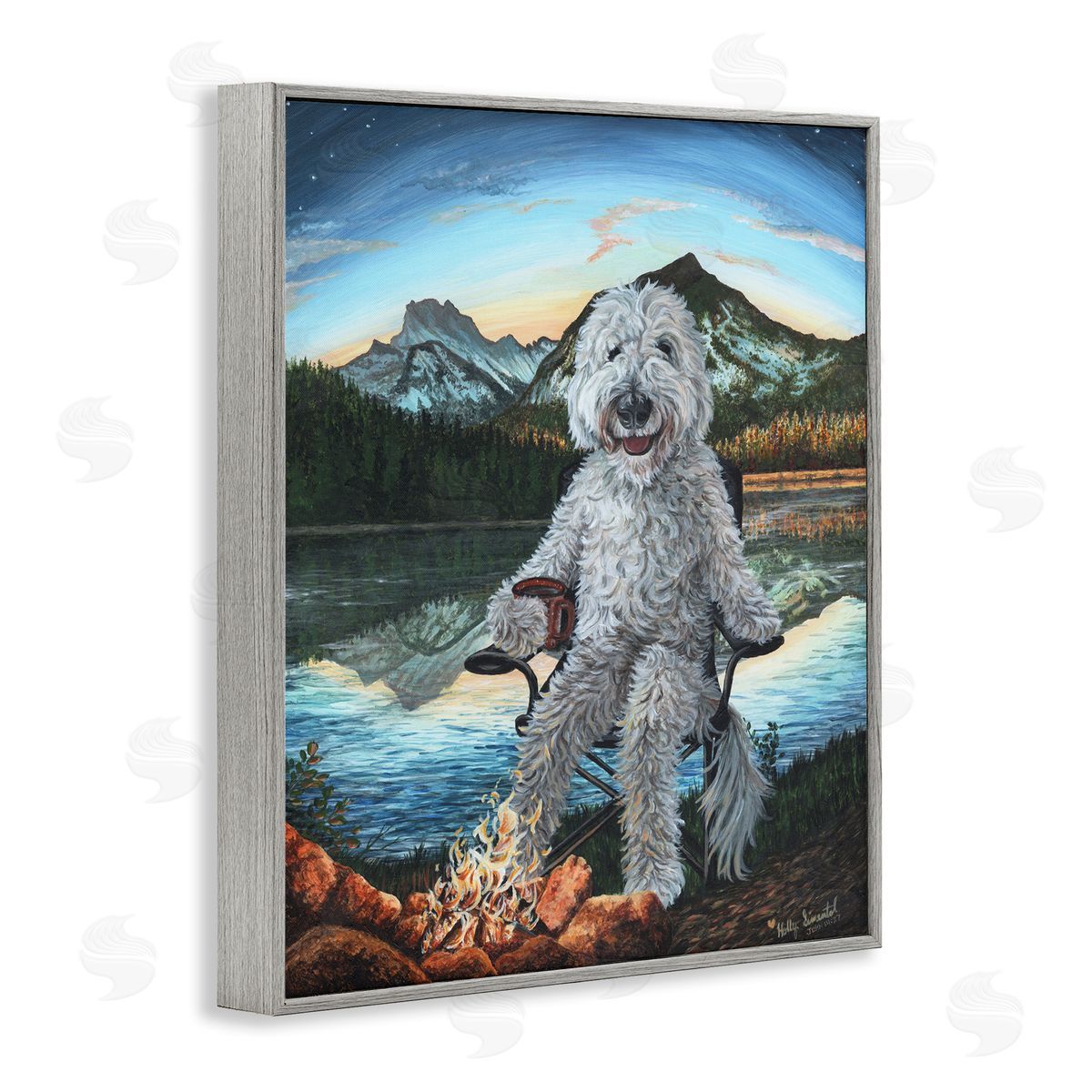 Dog by Campfire Landscape Grey Frame Print Wall Art, Home Decor by Holly Simental