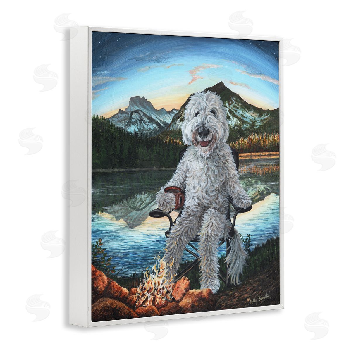 Dog by Campfire Landscape White Frame Print Wall Art, Home Decor by Holly Simental