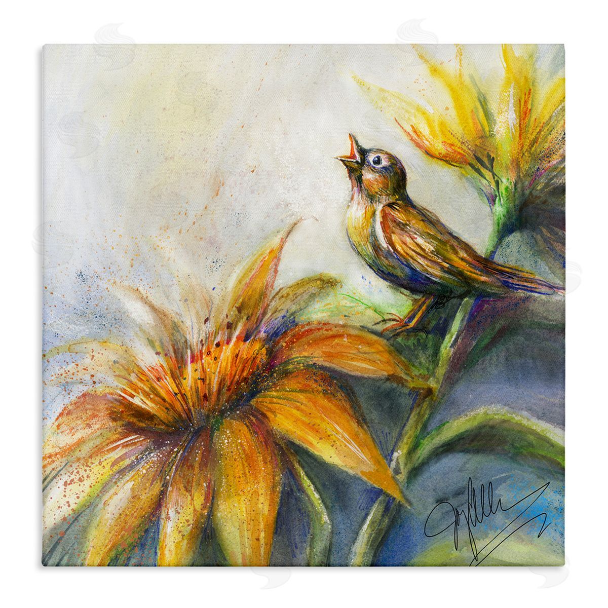 Joy Allen Bird Singing Yellow Flowers Stretched Canvas Wall Art Print
