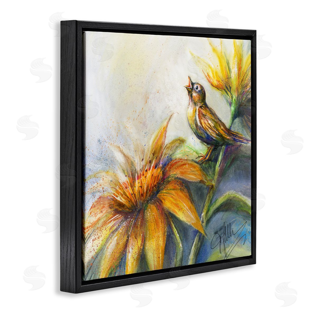 Joy Allen Bird Singing Yellow Flowers Black Floating Frame Canvas Wall Art Print