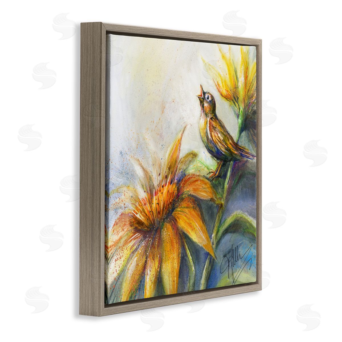 Joy Allen Bird Singing Yellow Flowers Brown Floating Frame Canvas Wall Art Print