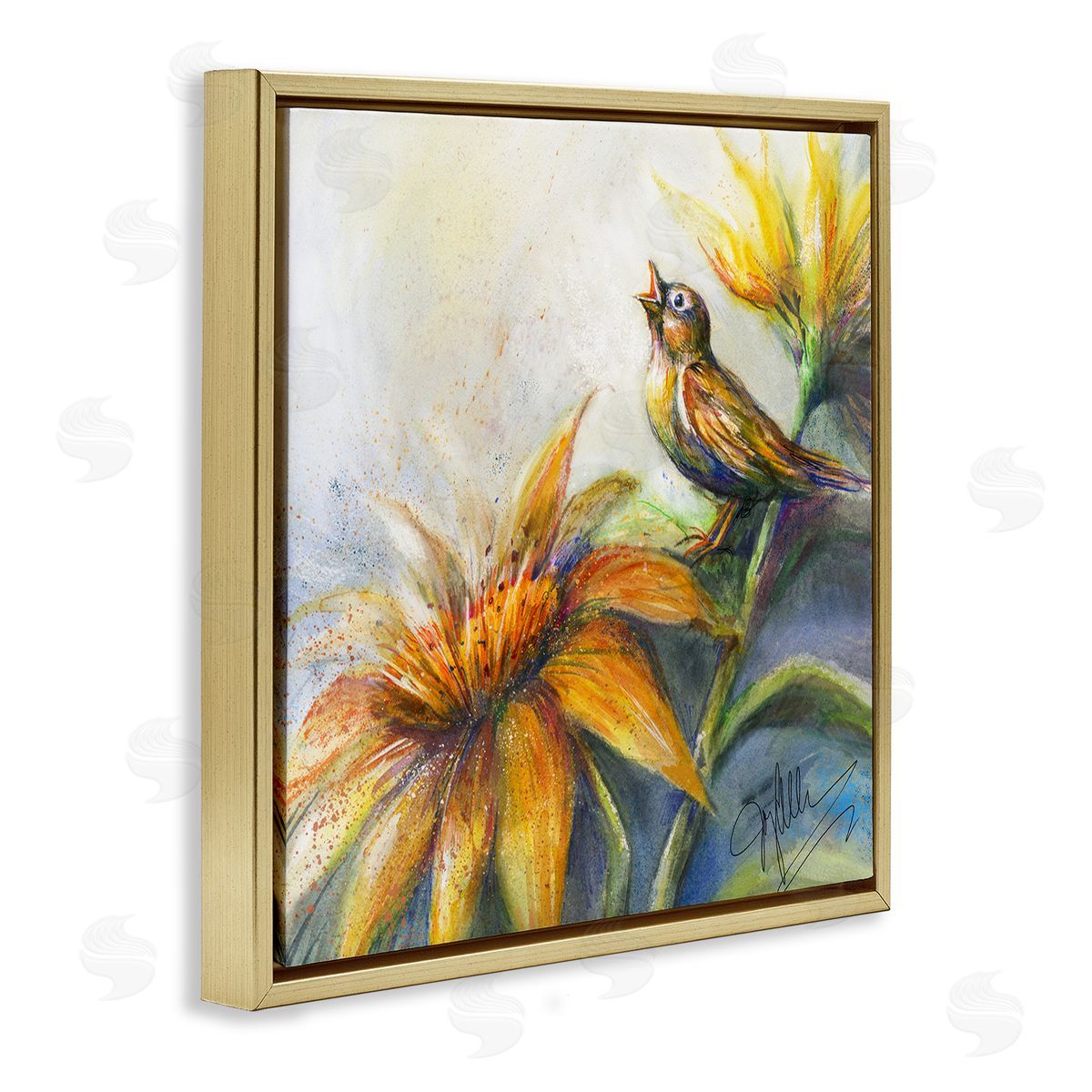 Joy Allen Bird Singing Yellow Flowers Gold Floating Frame Canvas Wall Art Print