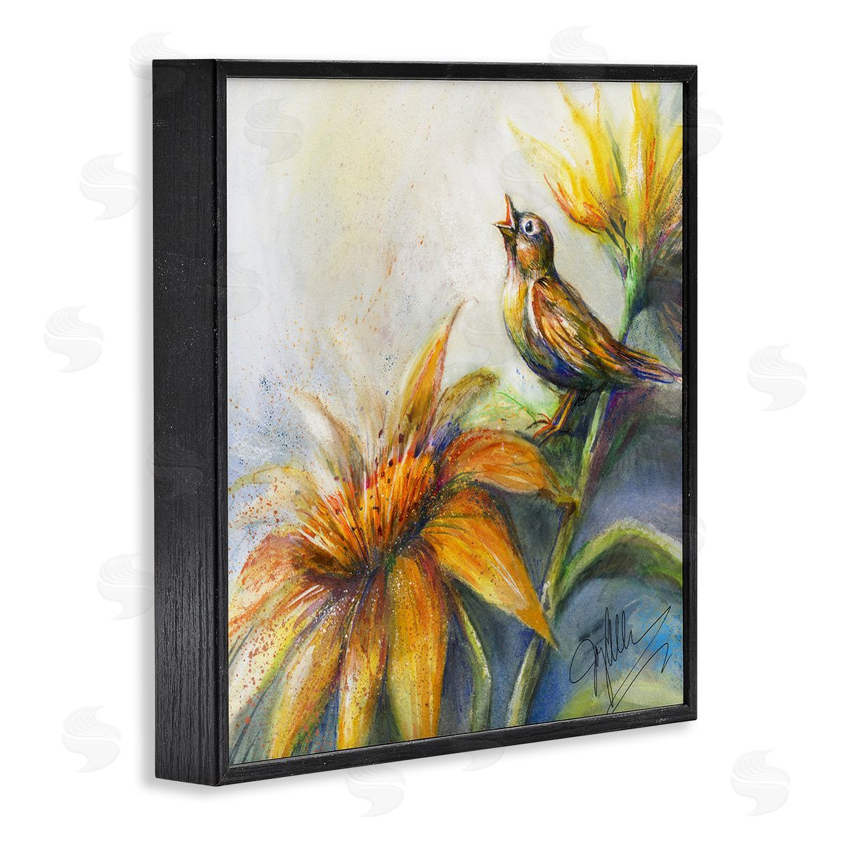 Joy Allen Bird Singing Yellow Flowers Black Framed Glicee Wall Art Print