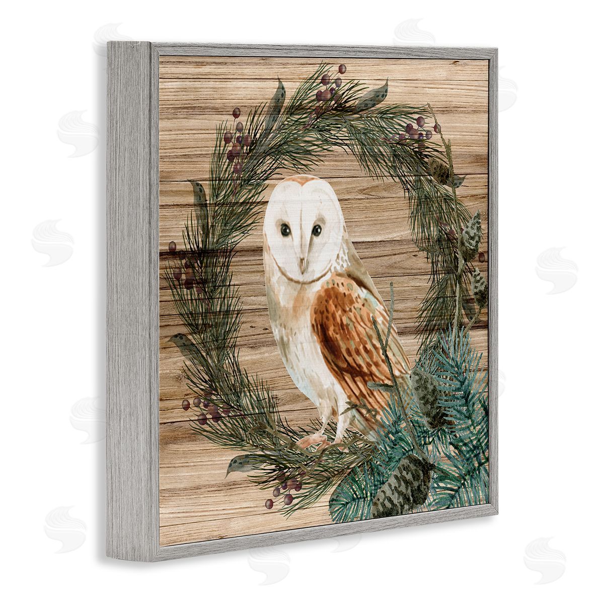 Kim Allen Rustic Owl on Pine Wreath Gray Framed Glicee Wall Art Print