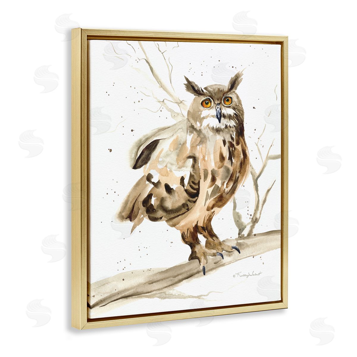 Owl Perched in Tree Gold Floating Frame Canvas Wall Art, Home Decor by Kelley Talent