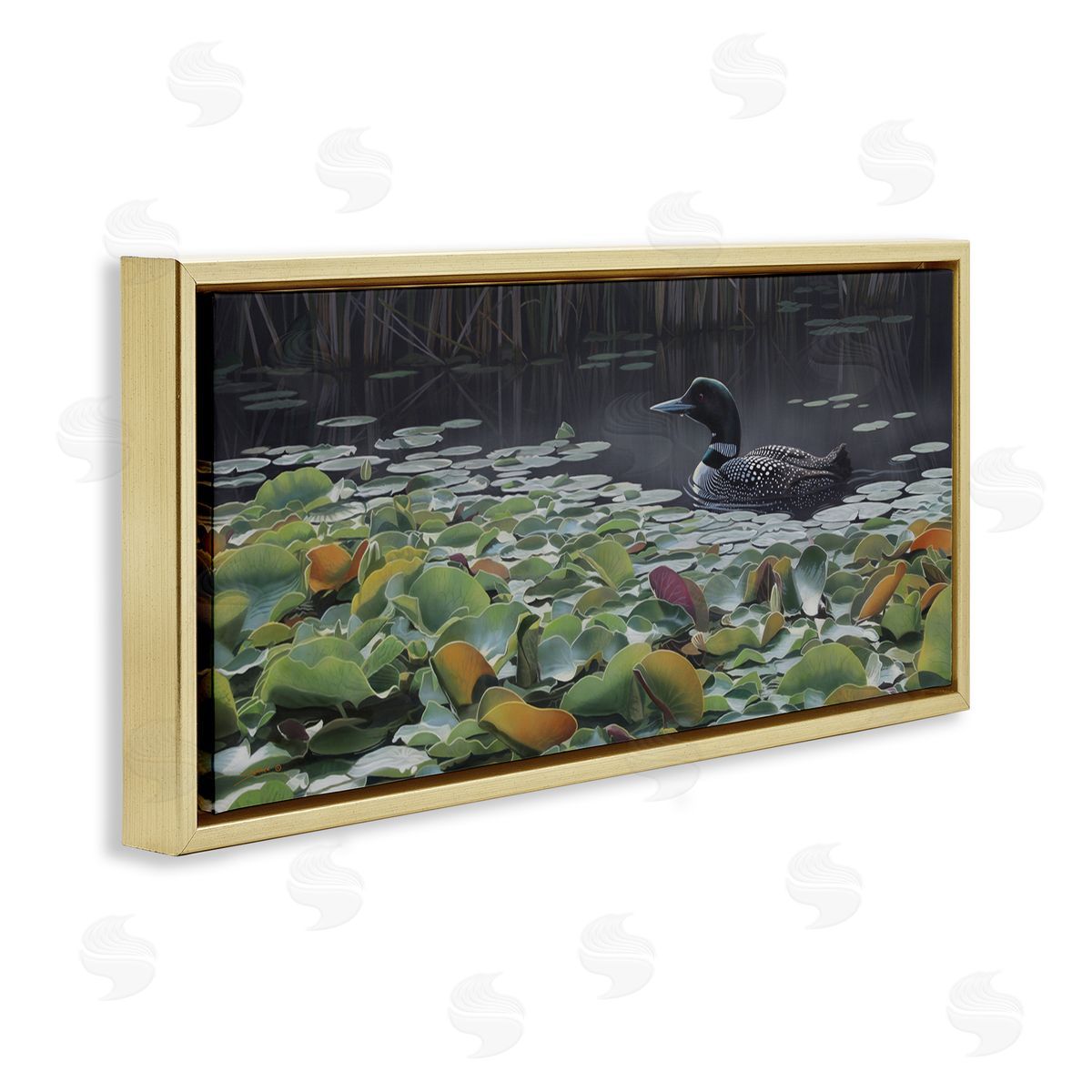 Clinton Jammer Duck Among Pond Lilies Gold Floating Frame Canvas Wall Art Print