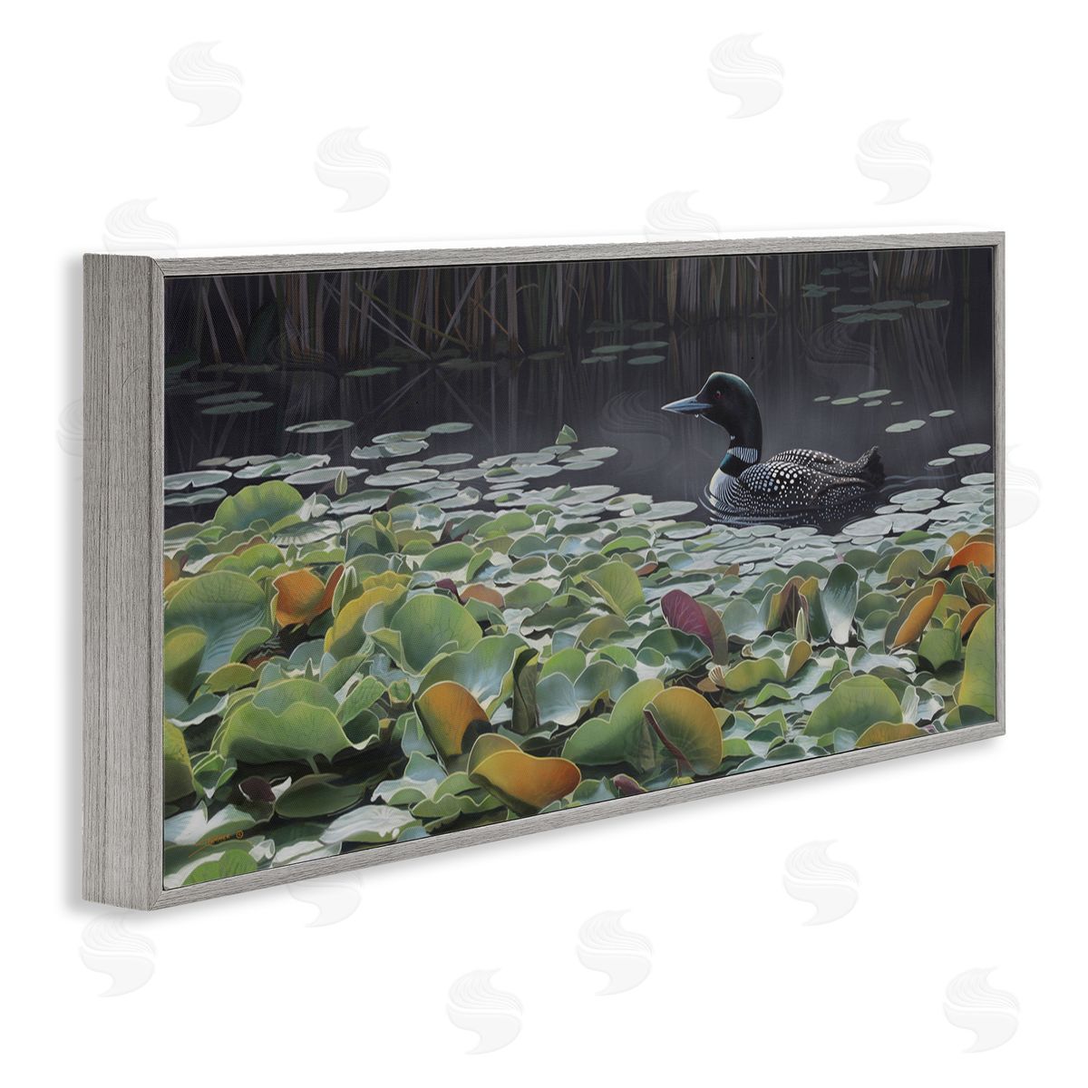 Clinton Jammer Duck Among Pond Lilies Gray Framed Glicee Wall Art Print