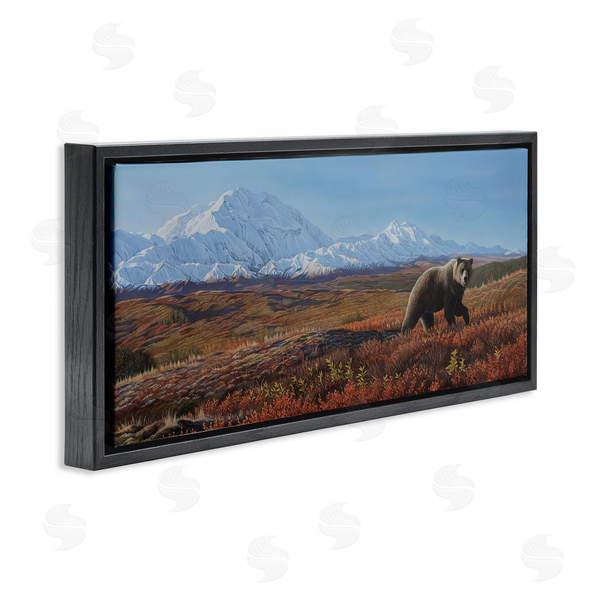 Clinton Jammer Bear in Mountain Landscape Black Floating Frame Canvas Wall Art Print