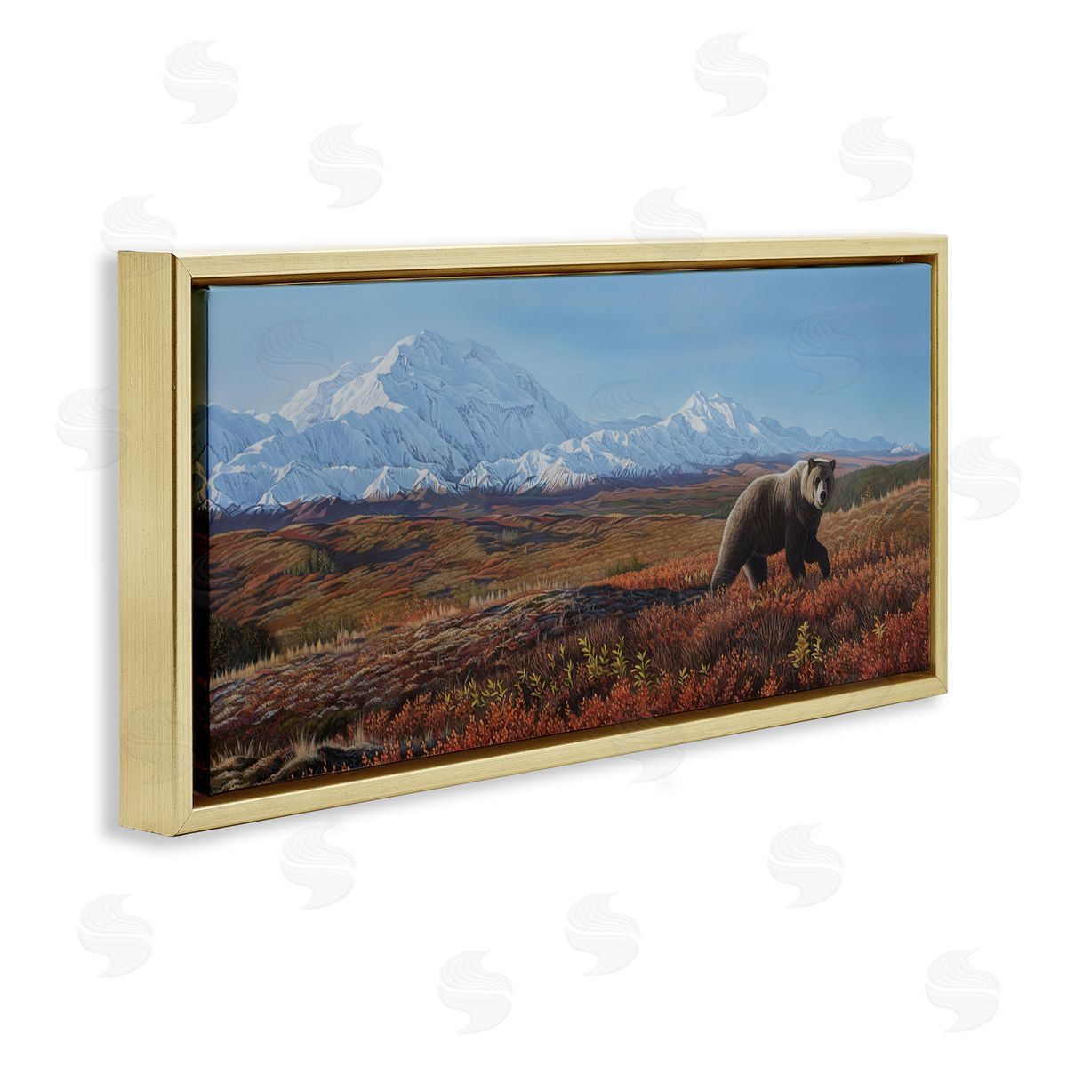 Clinton Jammer Bear in Mountain Landscape Gold Floating Frame Canvas Wall Art Print