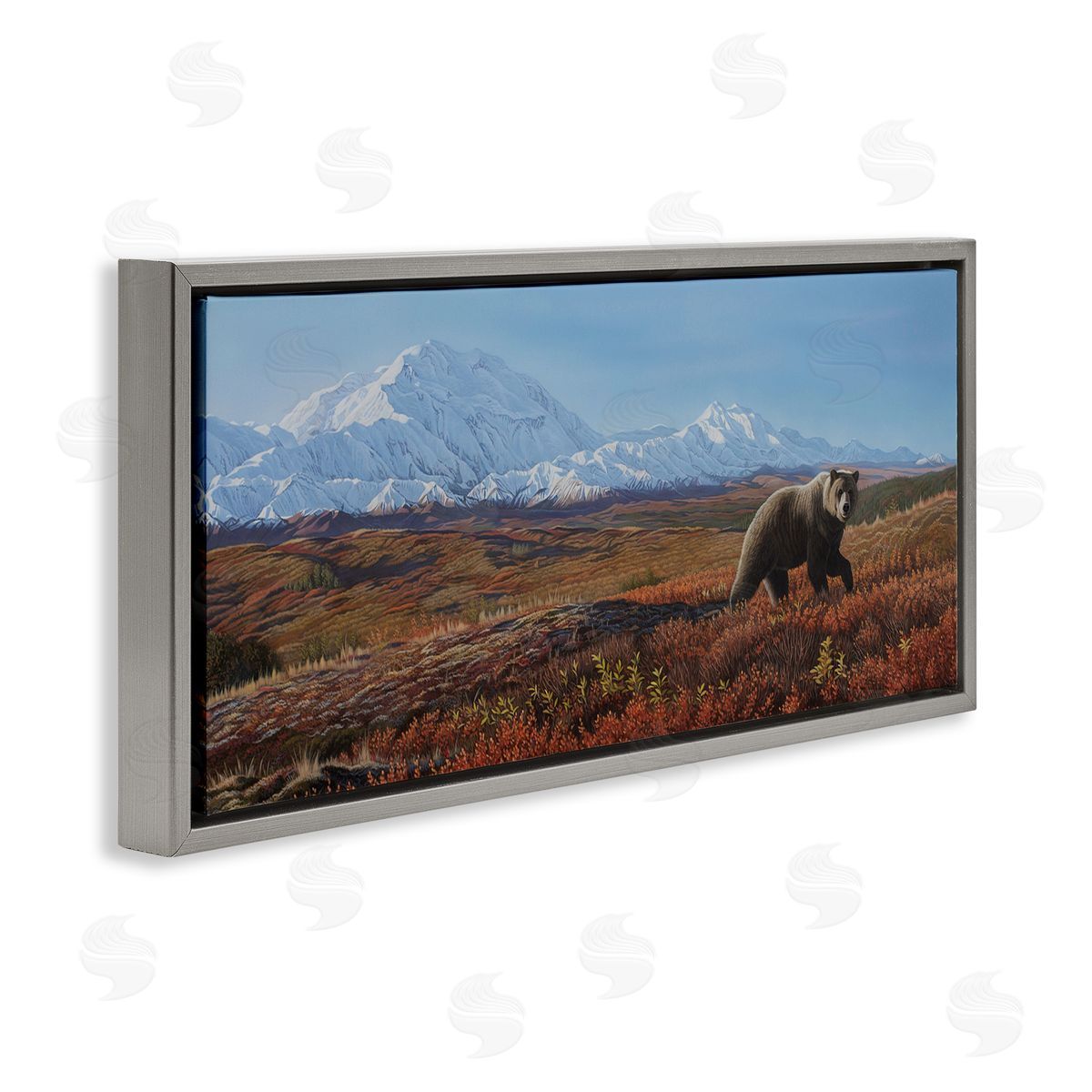 Clinton Jammer Bear in Mountain Landscape Gray Floating Frame Canvas Wall Art Print