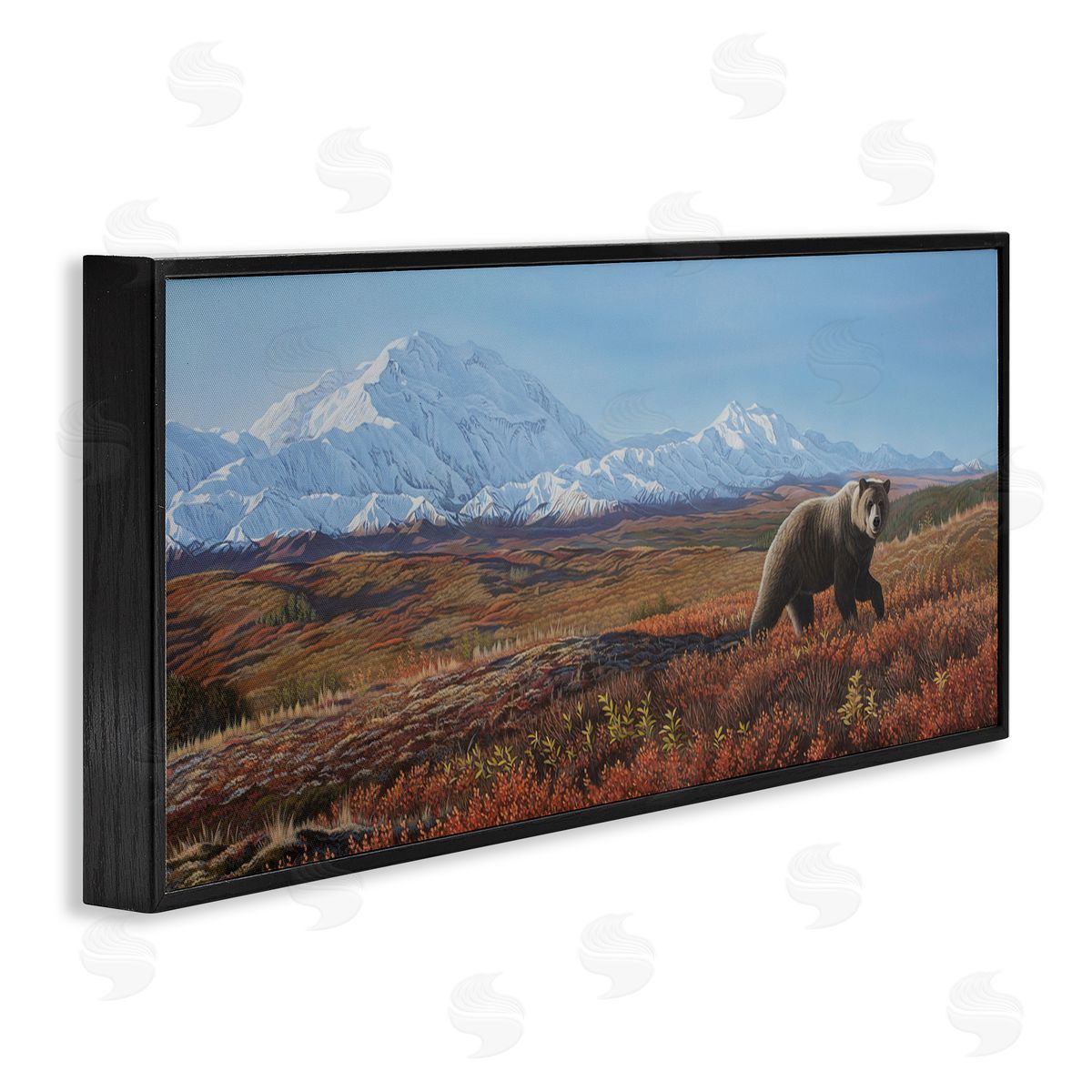 Clinton Jammer Bear in Mountain Landscape Black Framed Glicee Wall Art Print