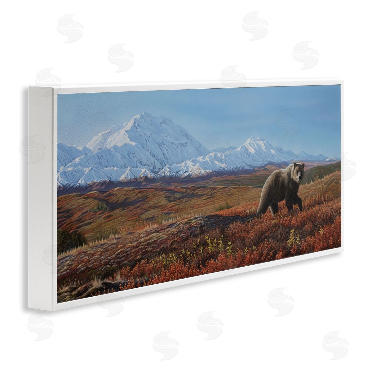 Clinton Jammer Bear in Mountain Landscape White Framed Glicee Wall Art Print