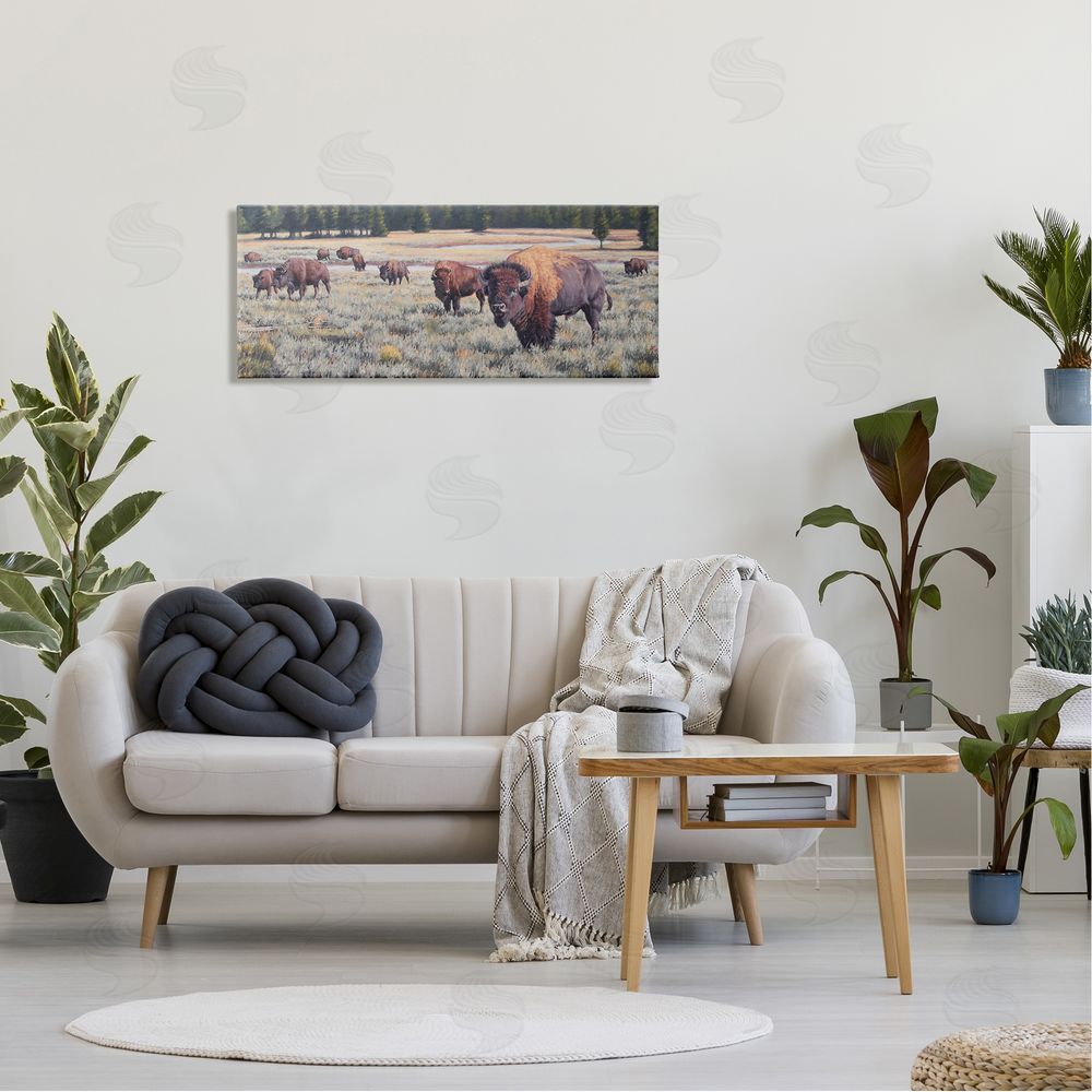 Lindsay Scott Bison Herd Rural Stream Canvas Wall Art in Room