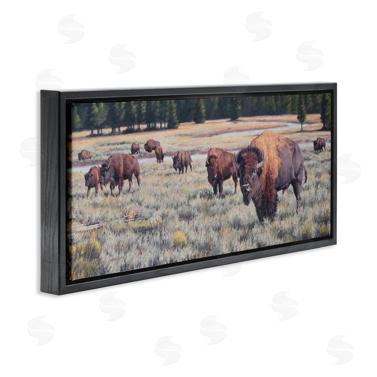 Lindsay Scott Bison Herd Rural Stream Black Floating Frame Canvas Wall Art Print