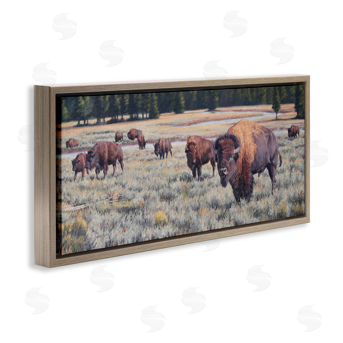 Lindsay Scott Bison Herd Rural Stream Brown Floating Frame Canvas Wall Art Print