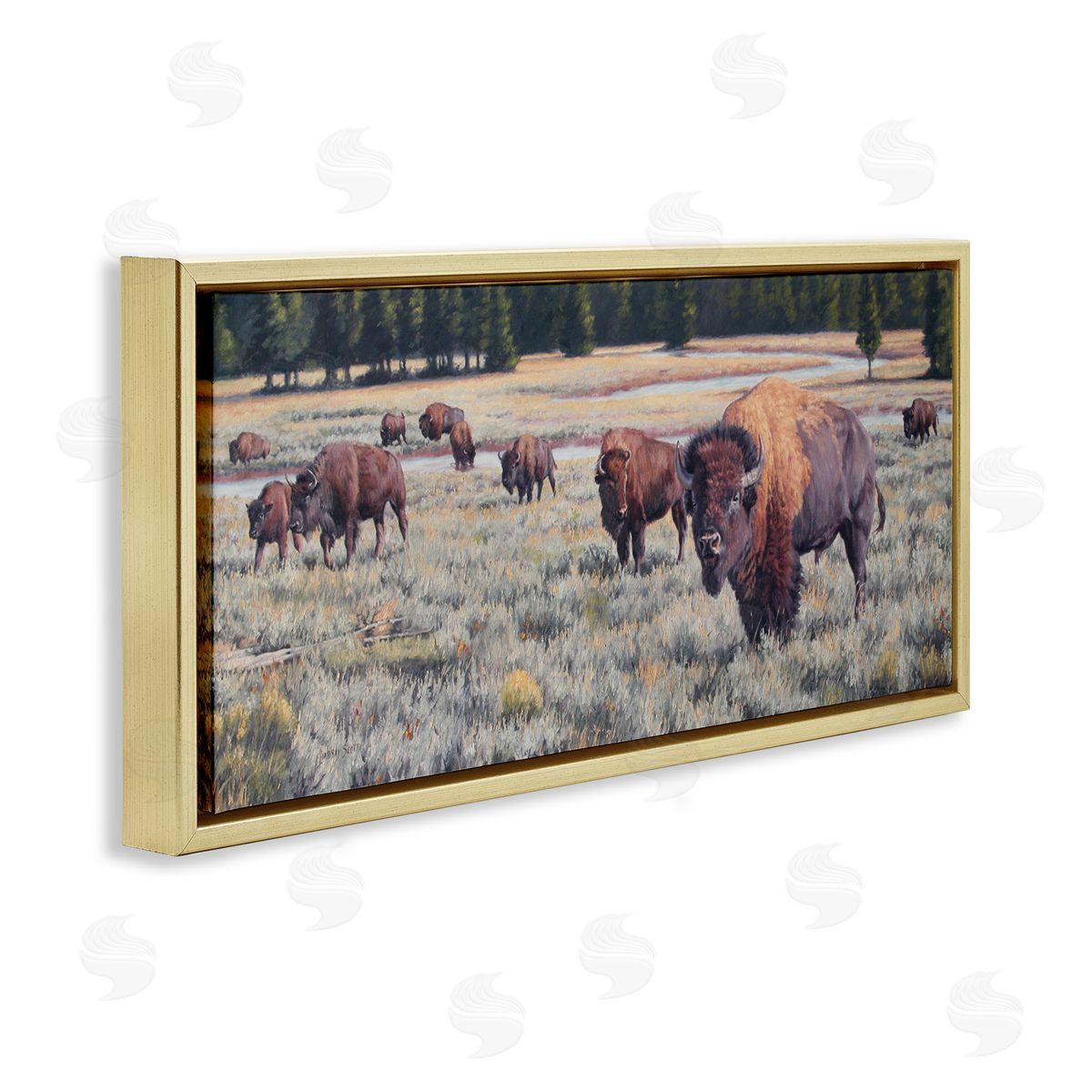 Lindsay Scott Bison Herd Rural Stream Gold Floating Frame Canvas Wall Art Print