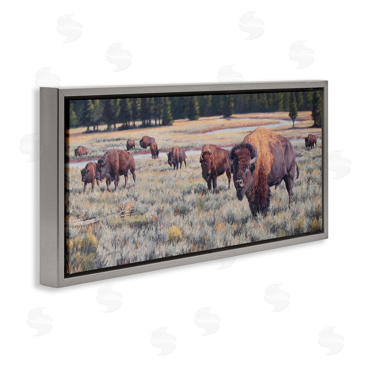 Lindsay Scott Bison Herd Rural Stream Gray Floating Frame Canvas Wall Art Print