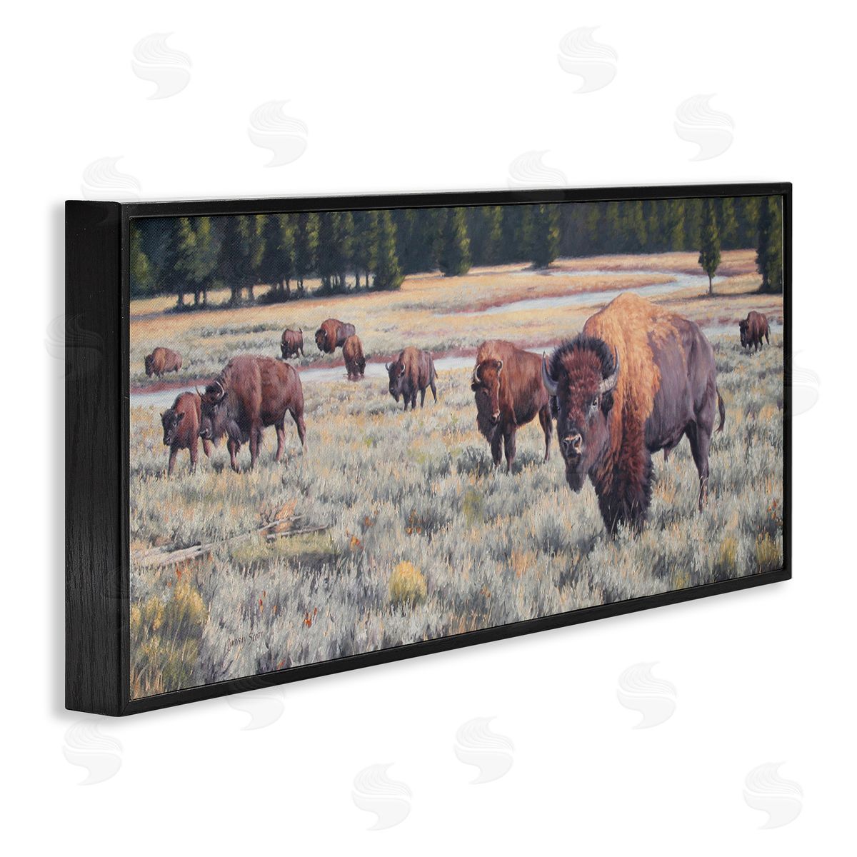 Lindsay Scott Bison Herd Rural Stream Black Framed Glicee Wall Art Print