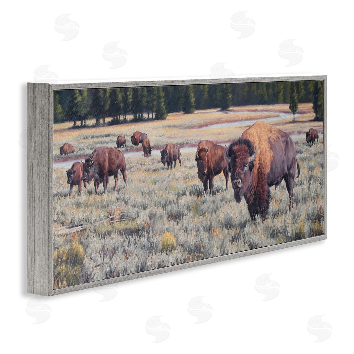 Lindsay Scott Bison Herd Rural Stream Gray Framed Glicee Wall Art Print
