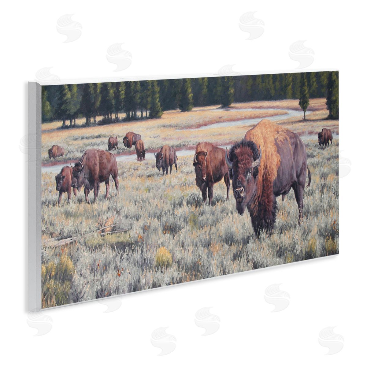 Lindsay Scott Bison Herd Rural Stream Wooden Wall Plaque Art Print