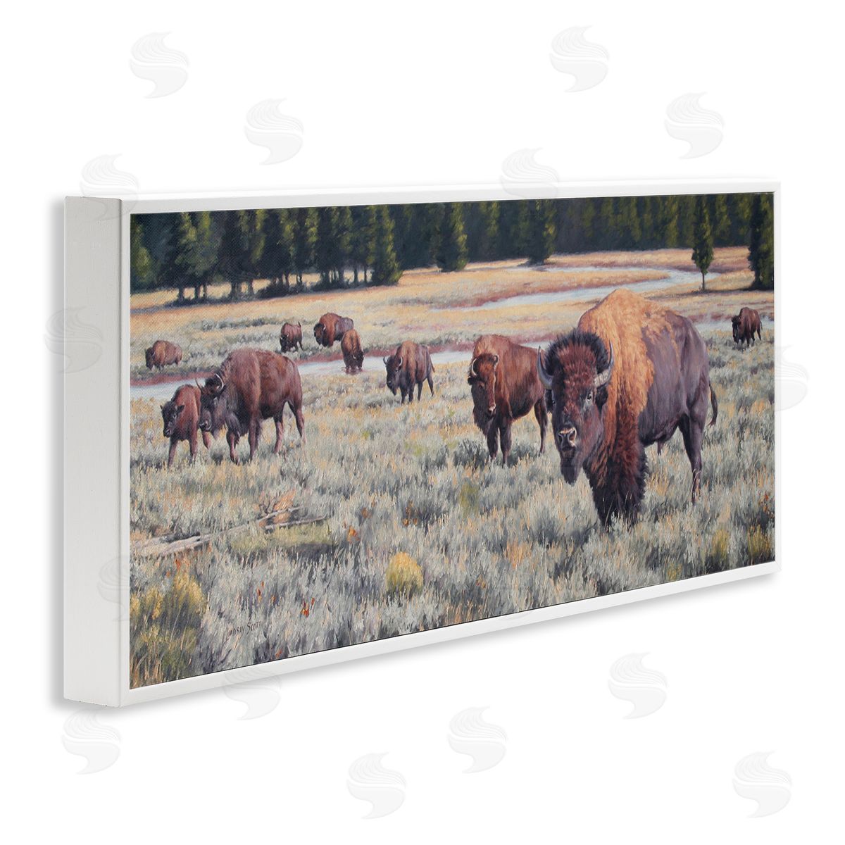 Lindsay Scott Bison Herd Rural Stream White Framed Glicee Wall Art Print