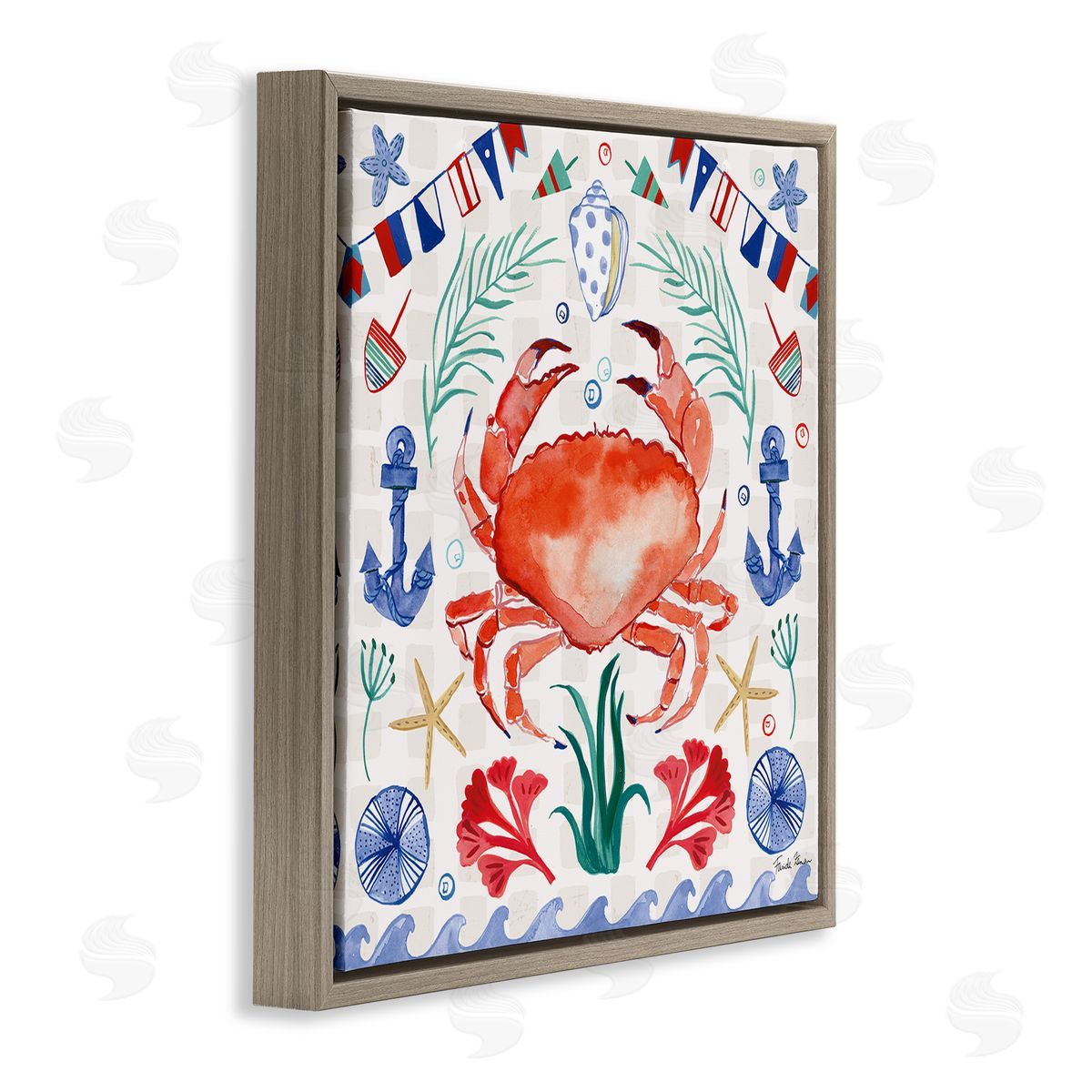 Farida Zaman Maritime Crab Pattern Brown Floating Frame Canvas Wall Art Print