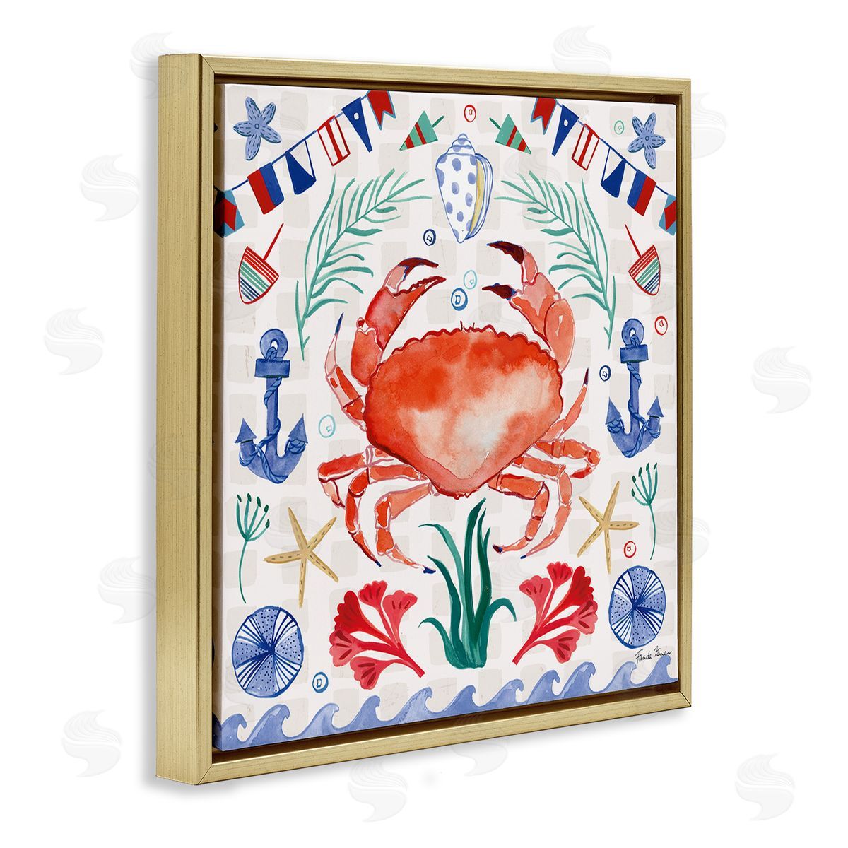 Farida Zaman Maritime Crab Pattern Gold Floating Frame Canvas Wall Art Print