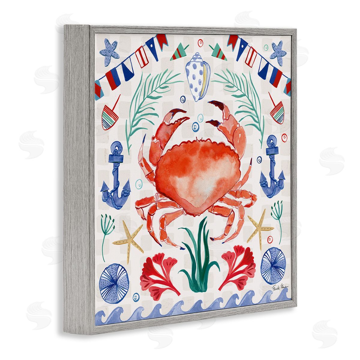 Farida Zaman Maritime Crab Pattern Gray Framed Glicee Wall Art Print